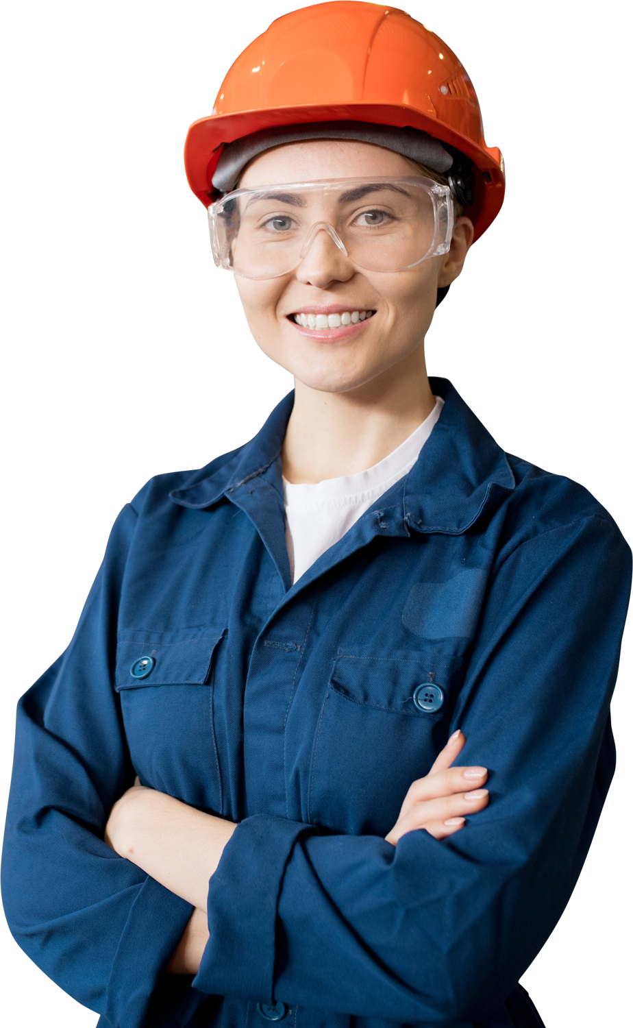 Photo of a woman wearing an orange hard hat